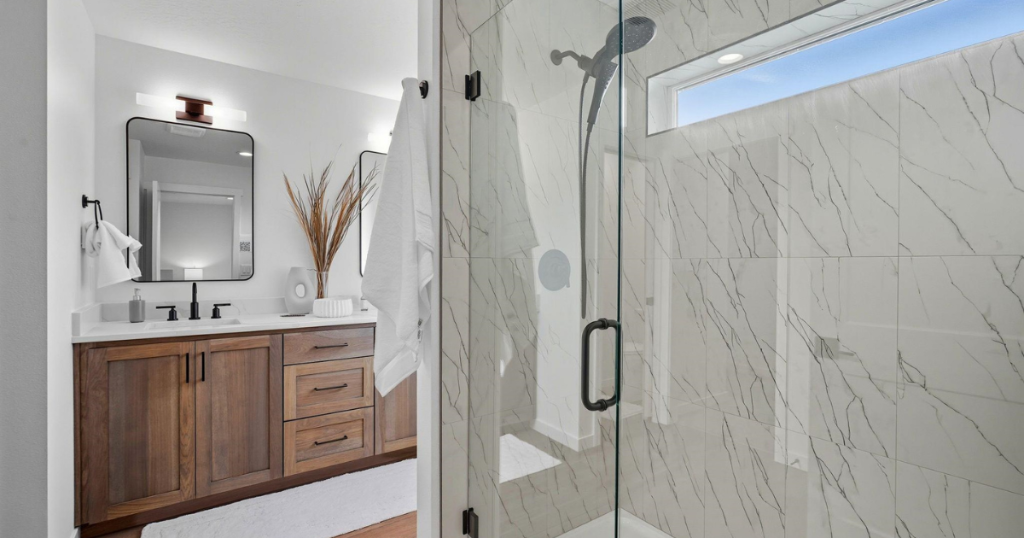Primary Bath — Dual Vanity with Black Hardware