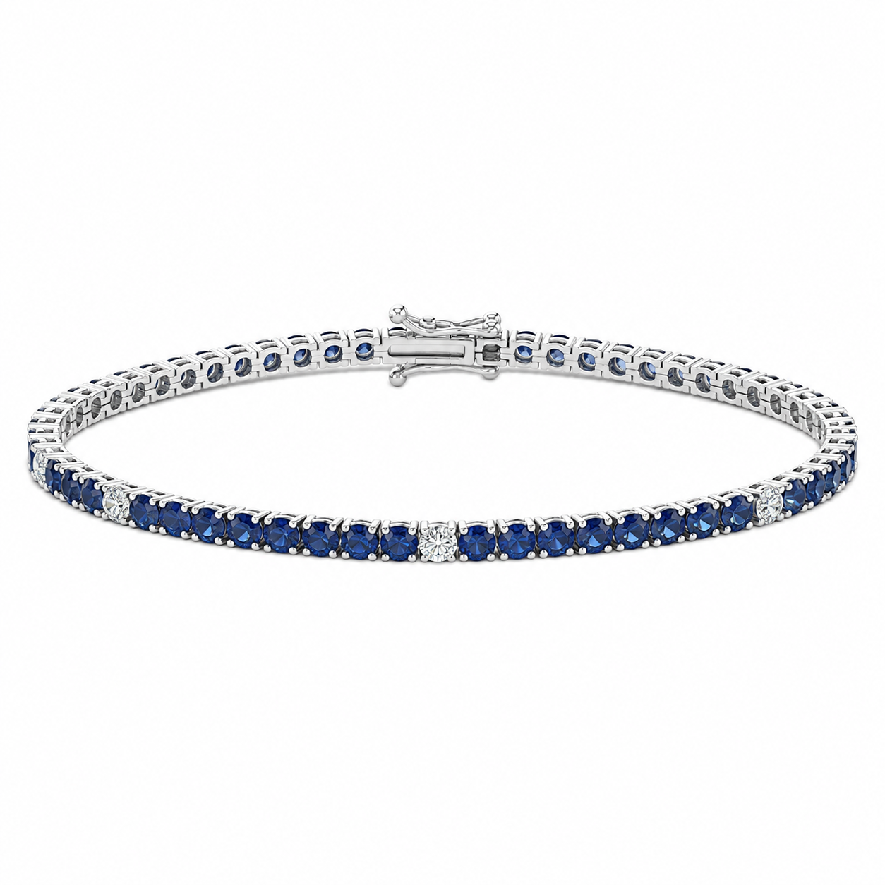 Round Blue Sapphire Tennis Bracelet with Sporadic Diamonds