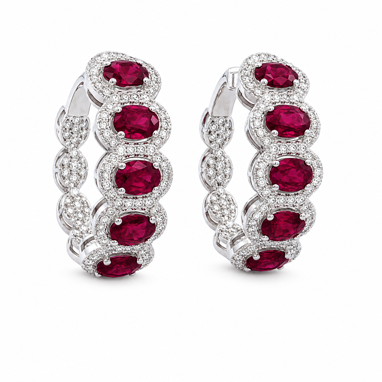 Small Oval Ruby Hoops with Diamond Halo