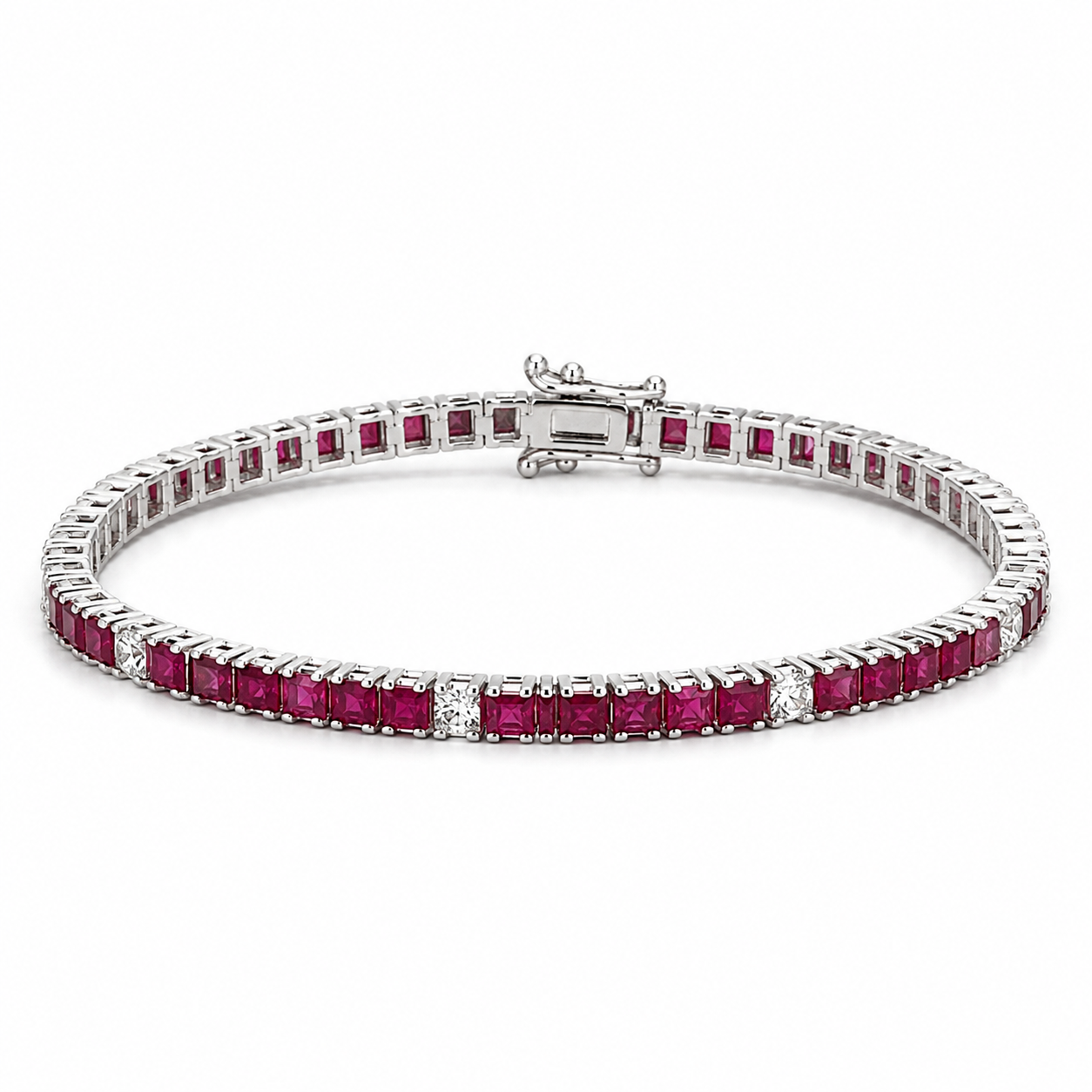 Princess-Cut Red Sapphire Tennis Bracelet with Sporadic Diamonds
