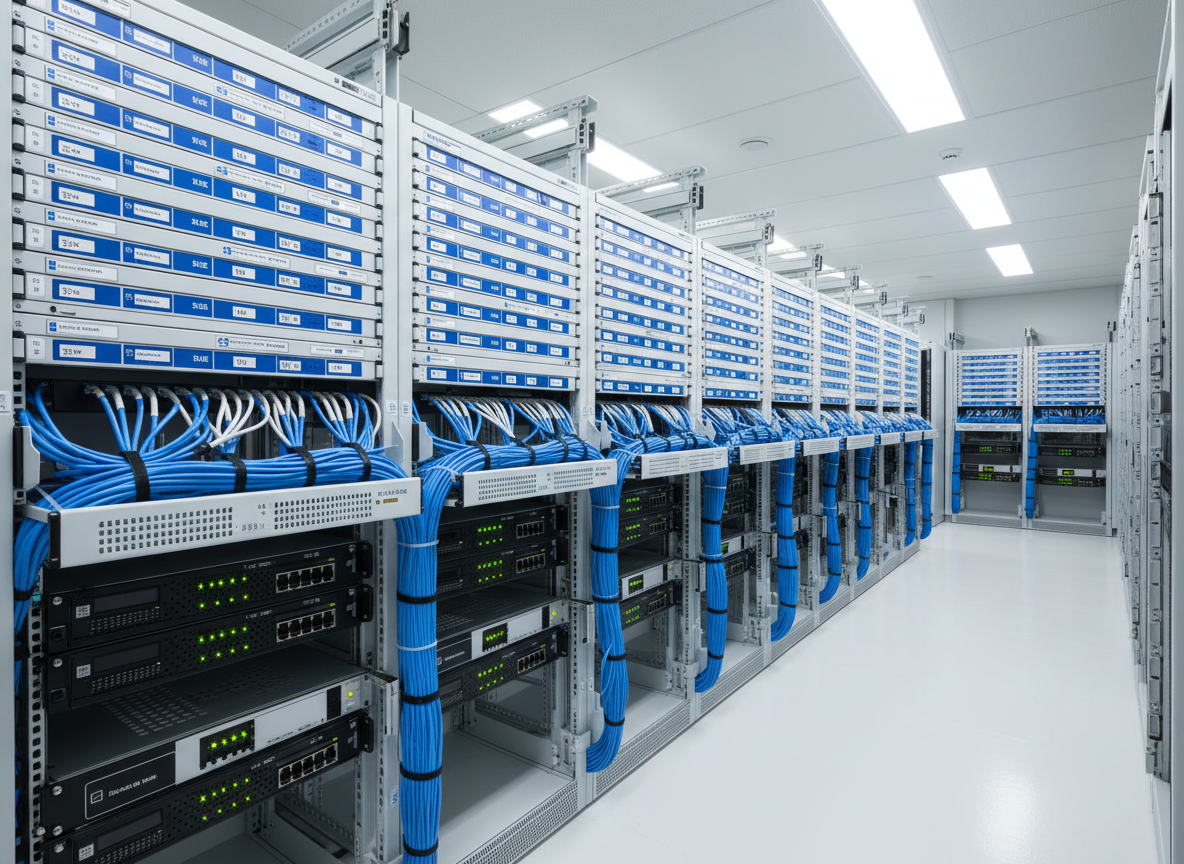 Organized data closet with clean cable management