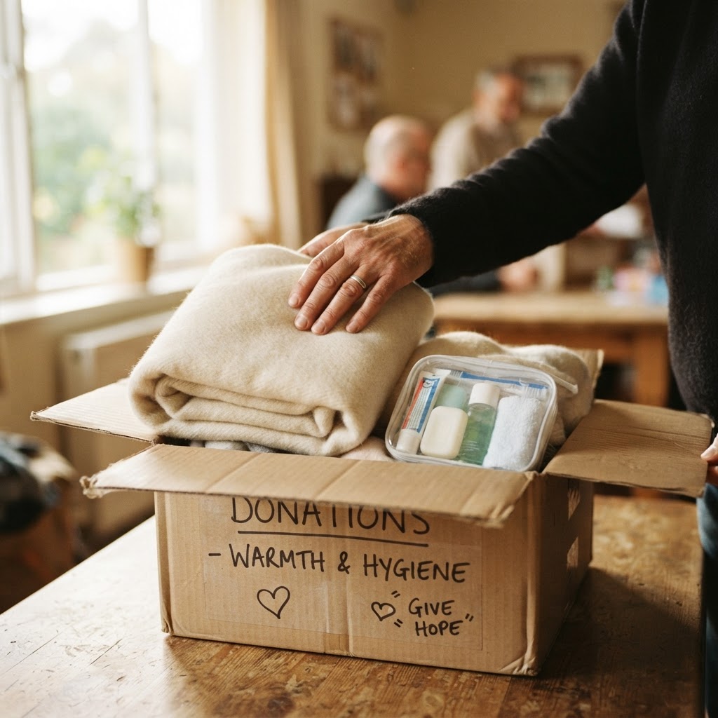 Hands placing a blanket and hygiene kit into a donation box