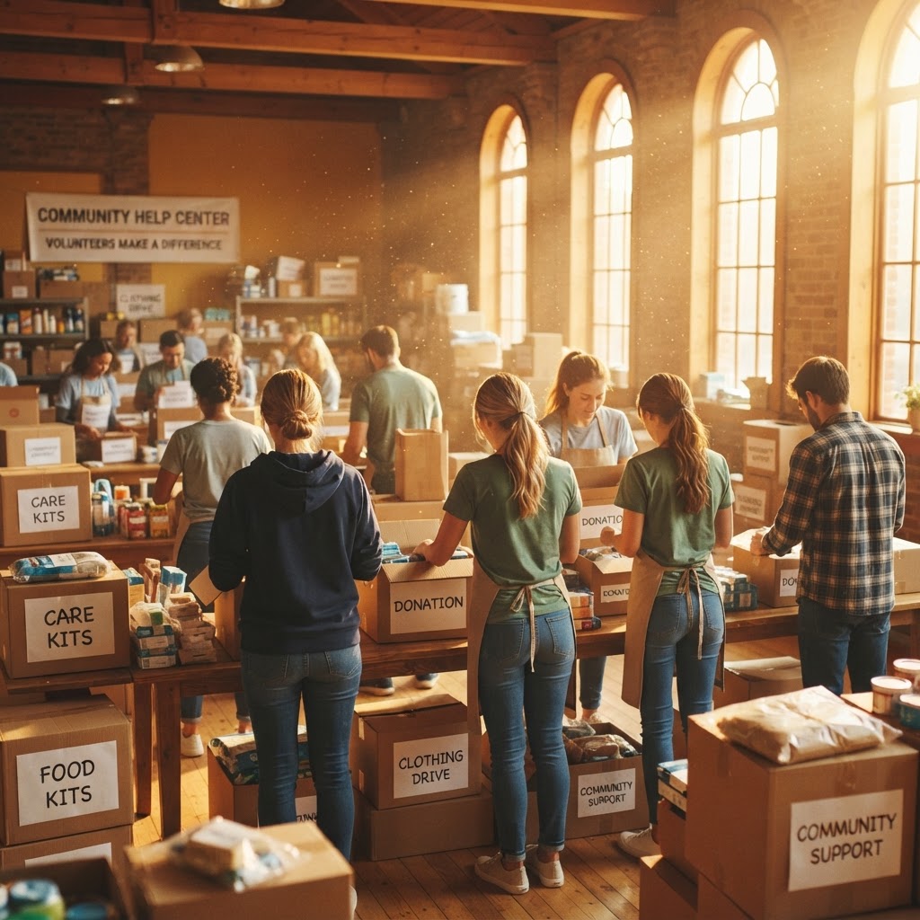 Volunteers packing care kits in a warm community center
