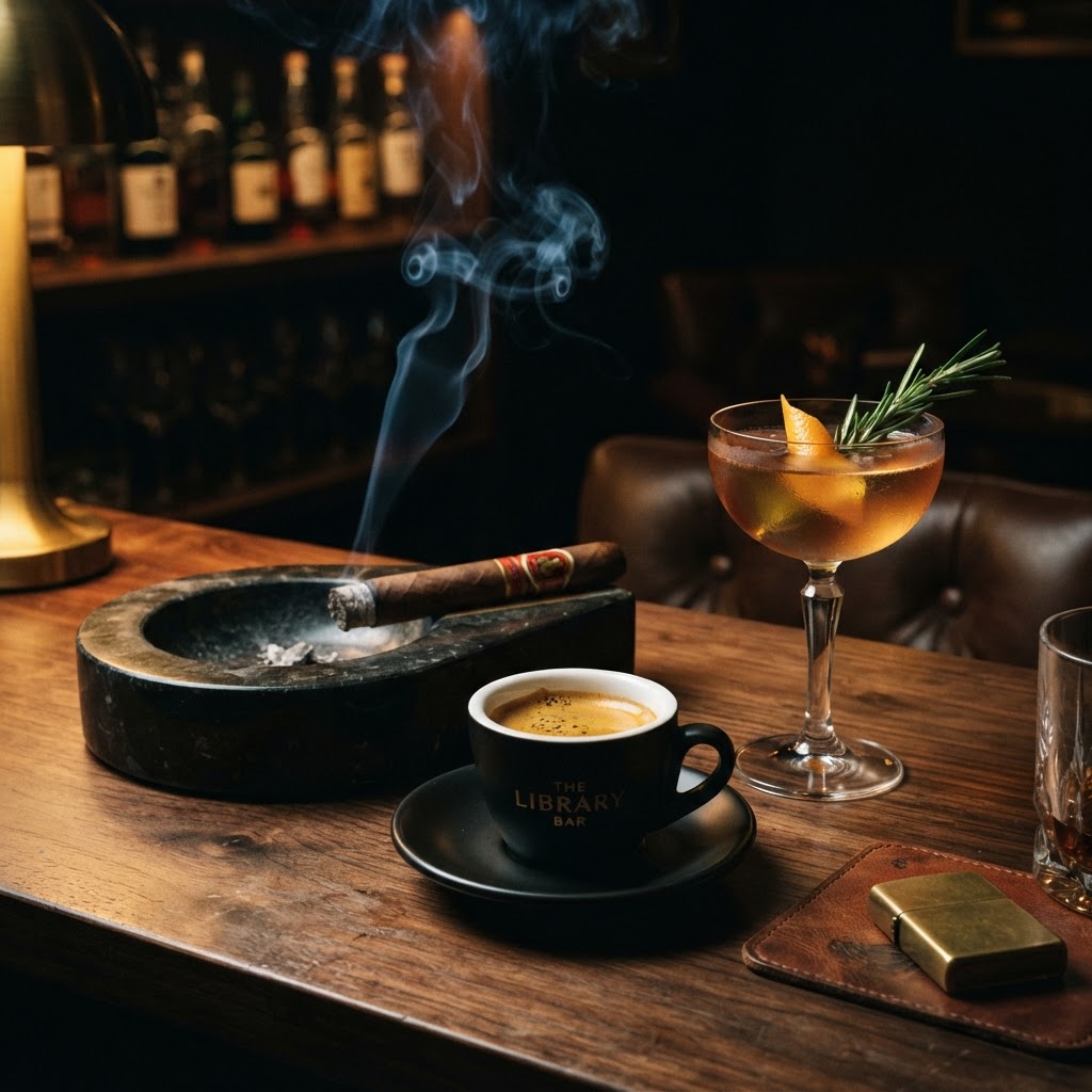 Cigar, specialty coffee, and a mocktail