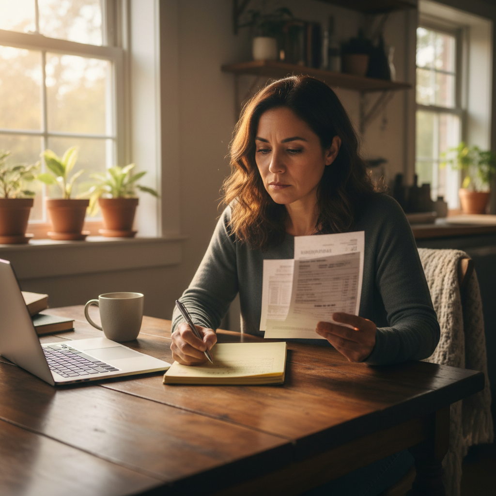 Hispanic woman in her mid-40s reviewing a hospital bill at her kitchen table, taking handwritten notes with a laptop open beside her