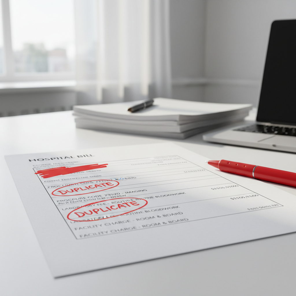 Hospital bill with suspicious charges circled in red marker — upcoding billing review