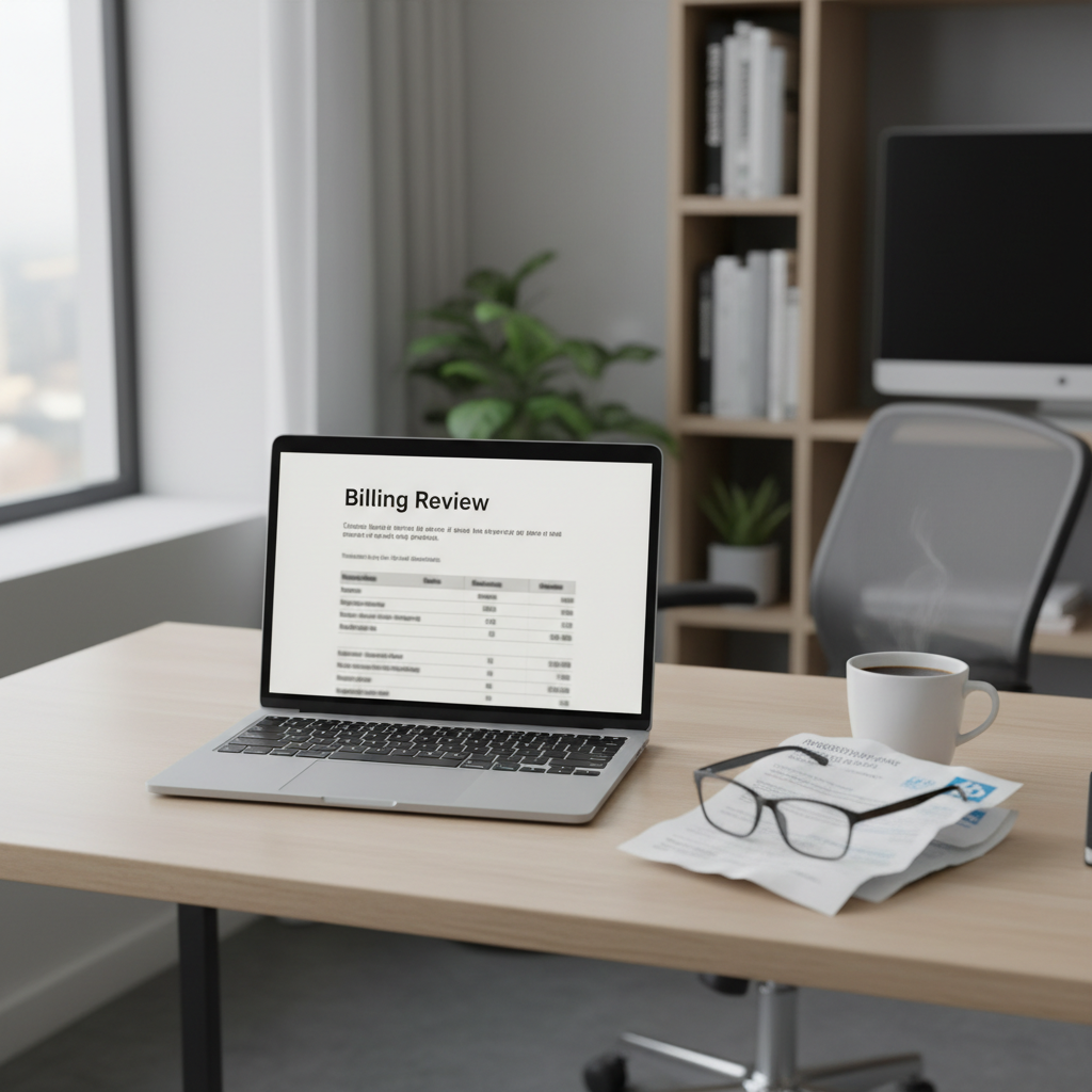 Laptop showing billing review document with hospital bill printout on desk