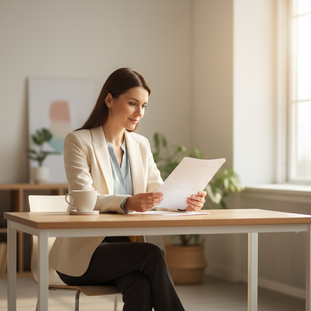 Calm confident woman reviewing a billing document at a clean modern desk — patient rights and clarity