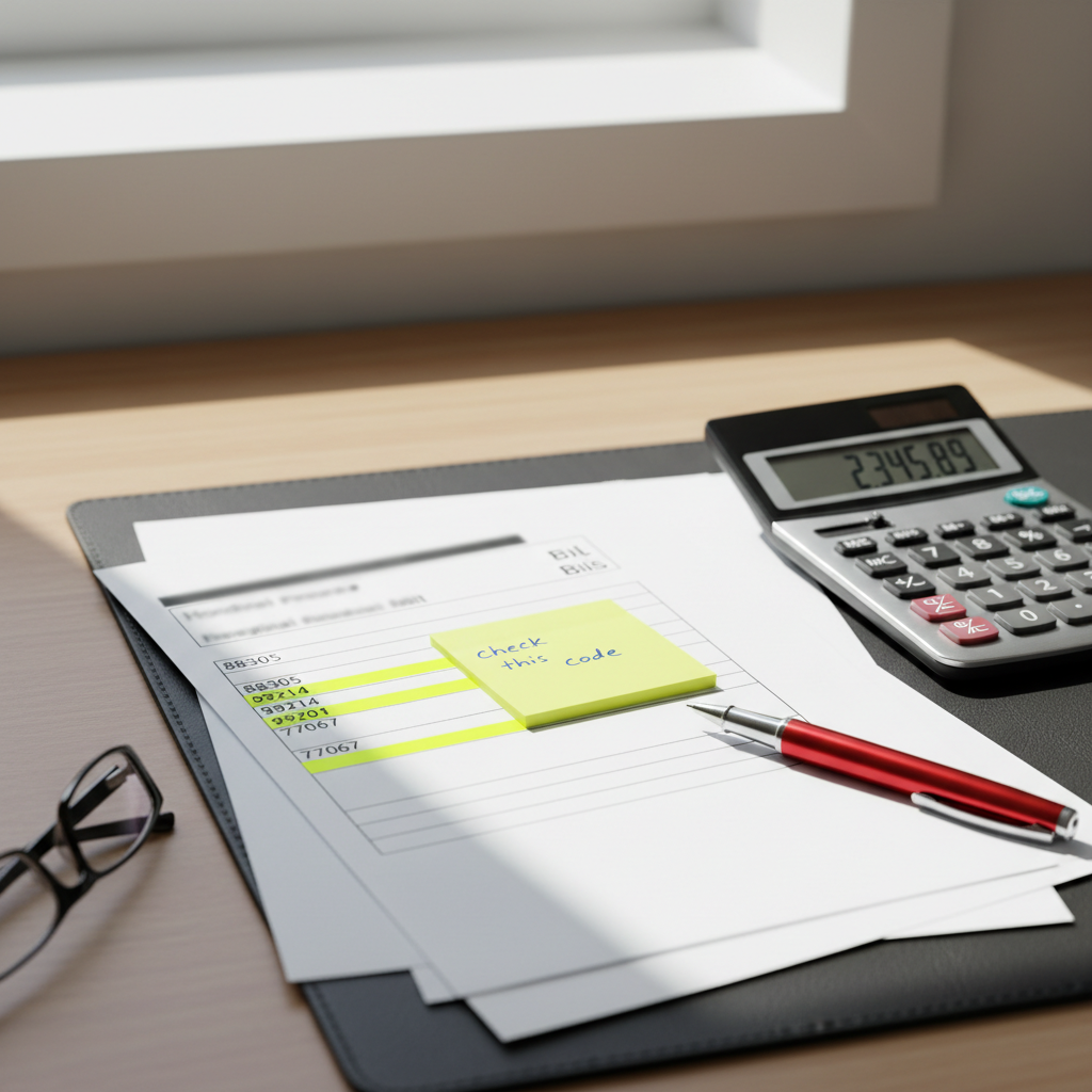 Overhead desk scene with hospital bill, calculator, sticky notes and red pen for billing audit