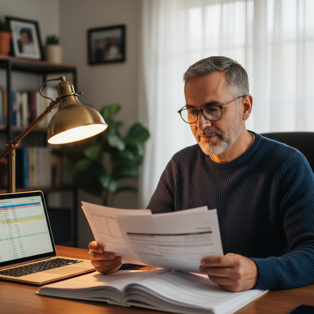 Hispanic man in his forties reviewing printed hospital billing documents at a home office desk with a laptop open beside him