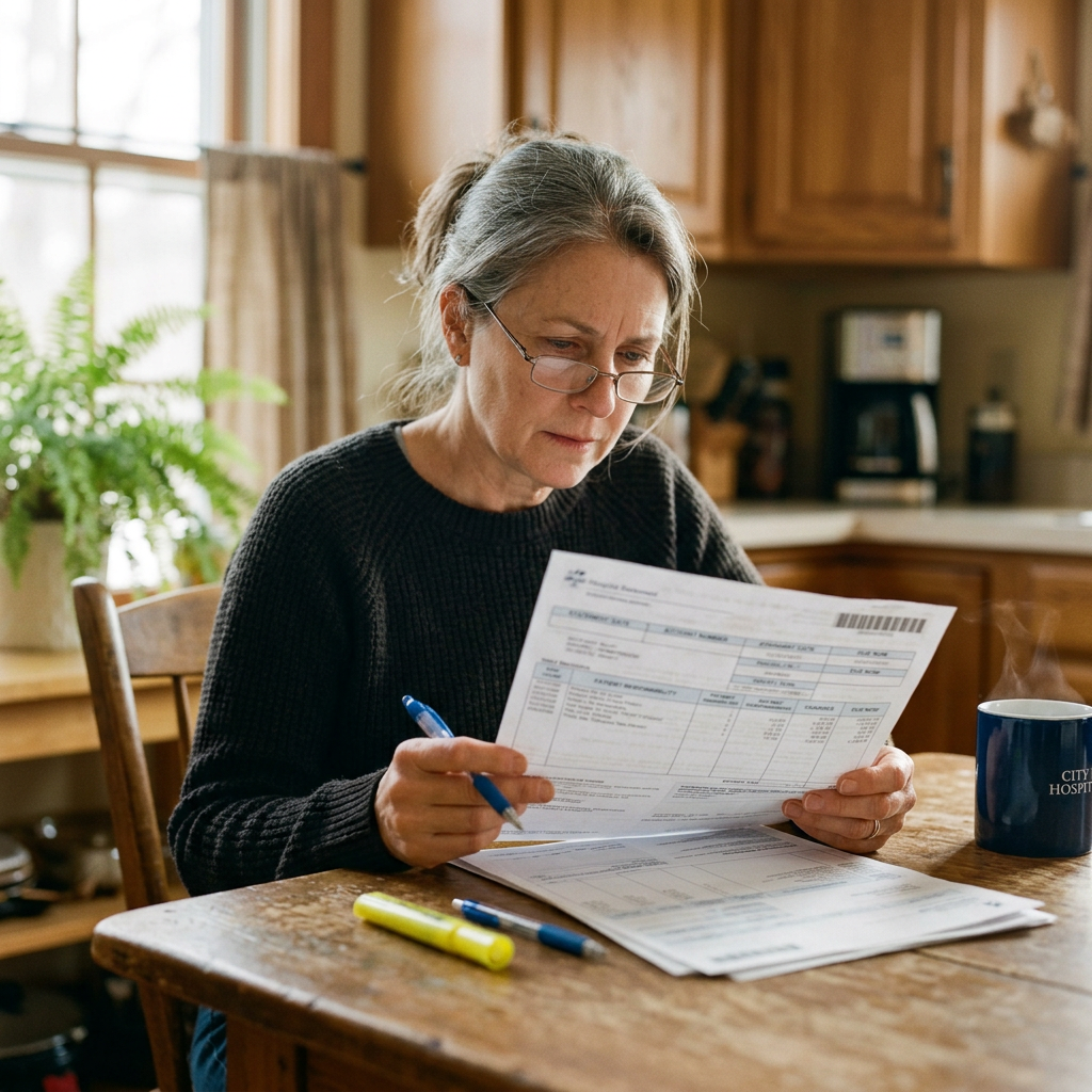 Woman reviewing a hospital bill at her kitchen table with a pen and highlighter, focused expression
