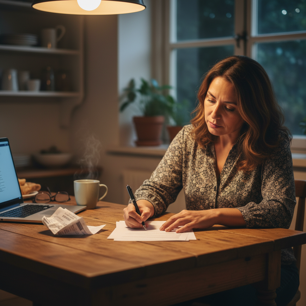 Hispanic woman in her 40s writing a formal hospital bill dispute letter at her kitchen table with printed billing documents nearby