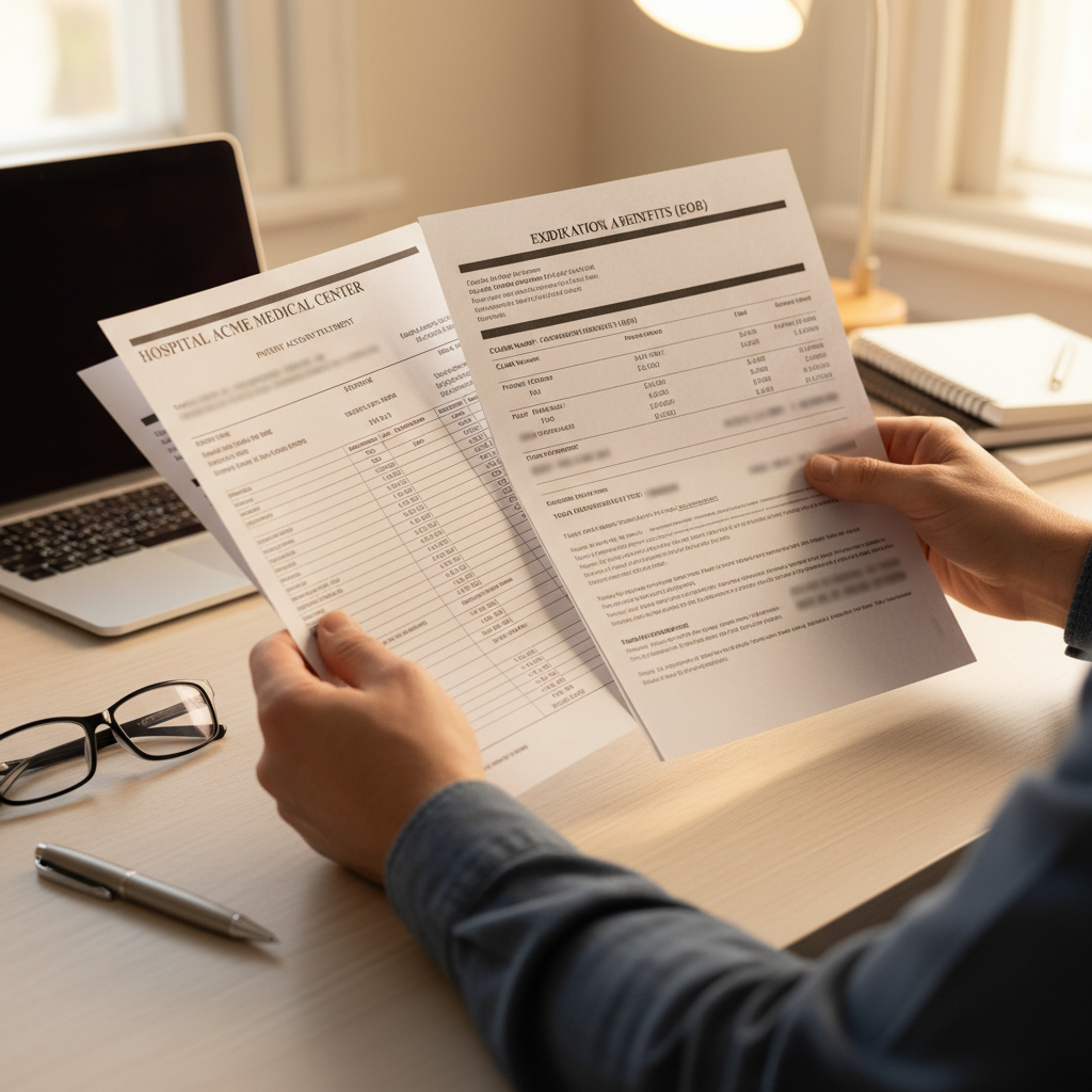 Hands cross-referencing hospital bill with insurance EOB document for billing verification