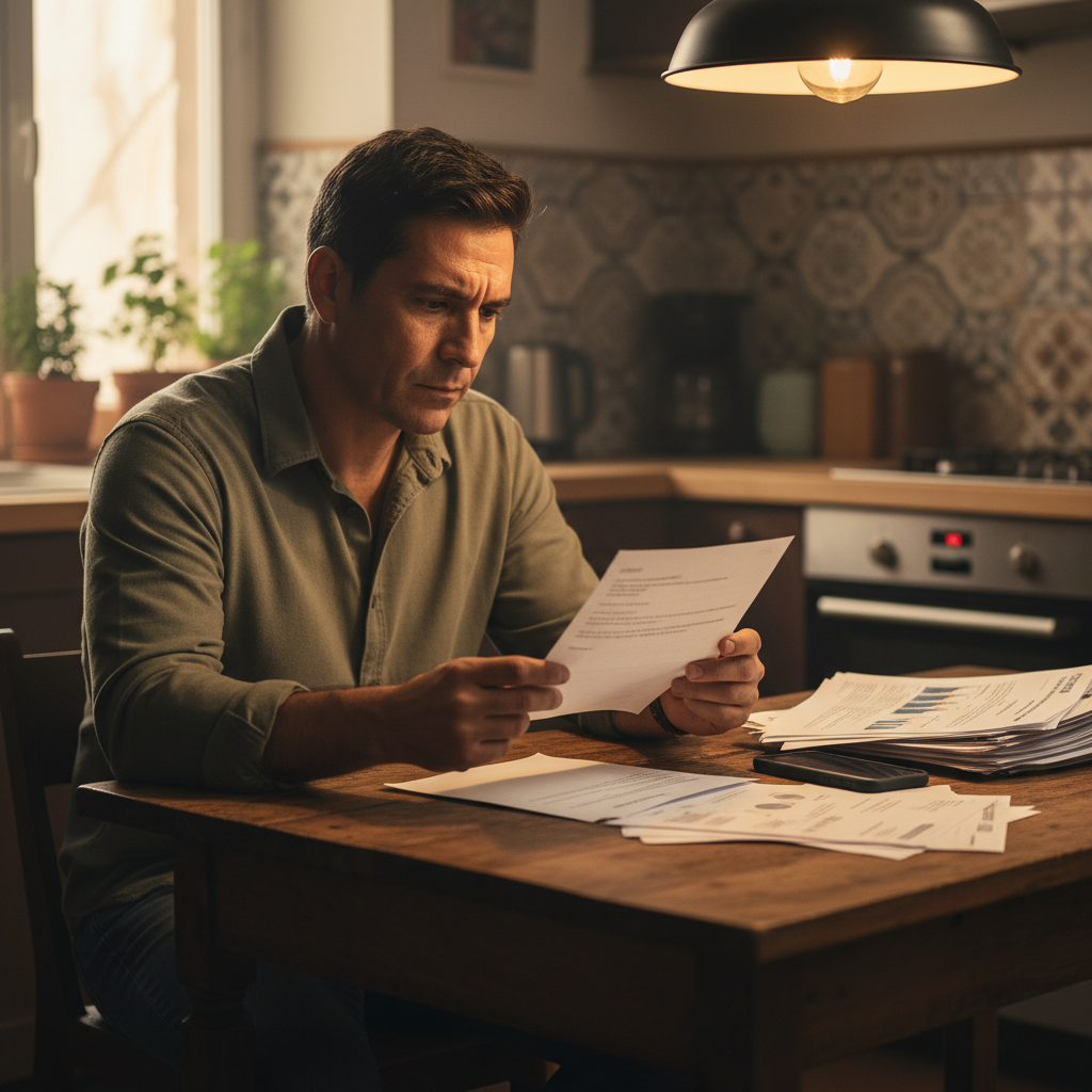 Hispanic man in his forties reviewing a hospital collections letter at his kitchen table with medical documents spread in front of him