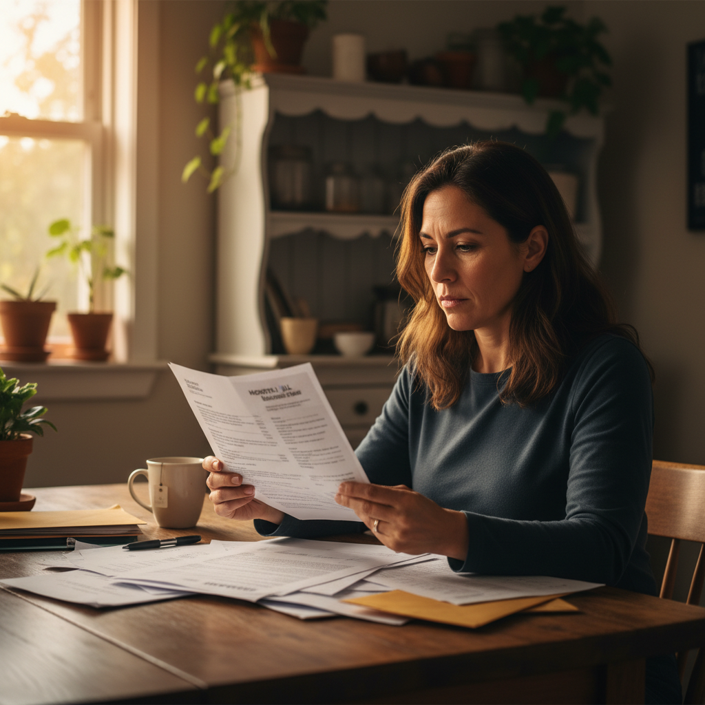 Hispanic woman in her forties reviewing a multi-page hospital bill at her kitchen table