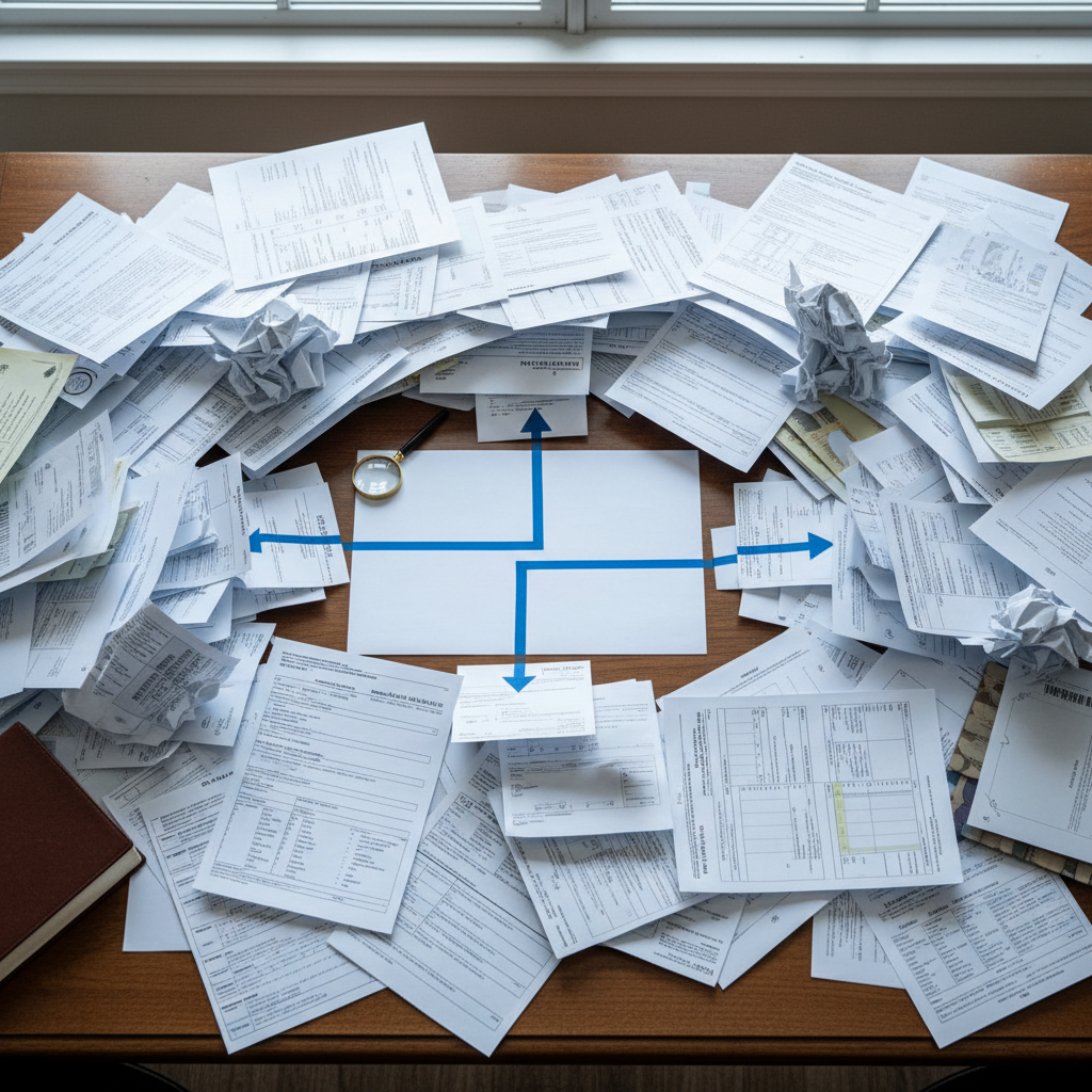 Complex billing forms and insurance documents spread on a desk — unbundling billing review