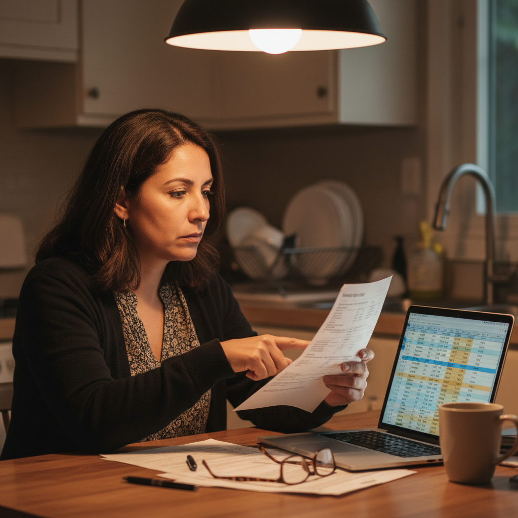 Hispanic woman in her forties reviewing an itemized hospital bill at her kitchen table, pointing to a specific charge line item