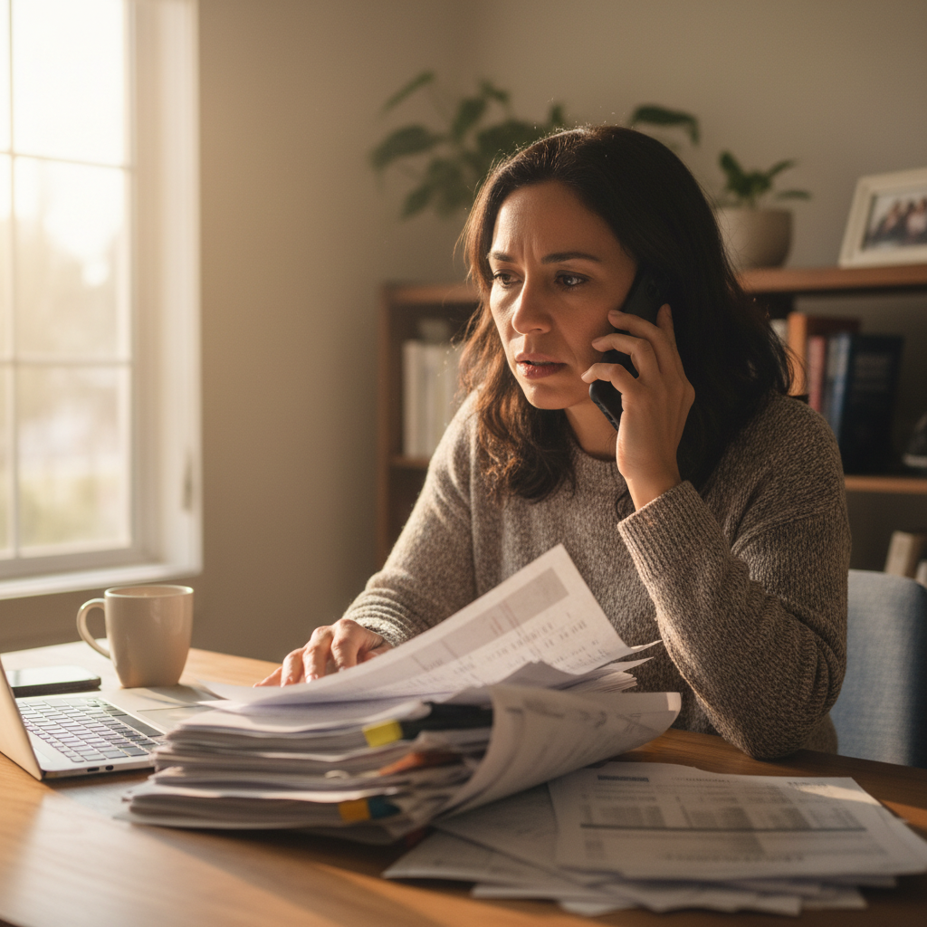 A Hispanic woman in her 40s on a phone call reviewing hospital billing documents at her home desk