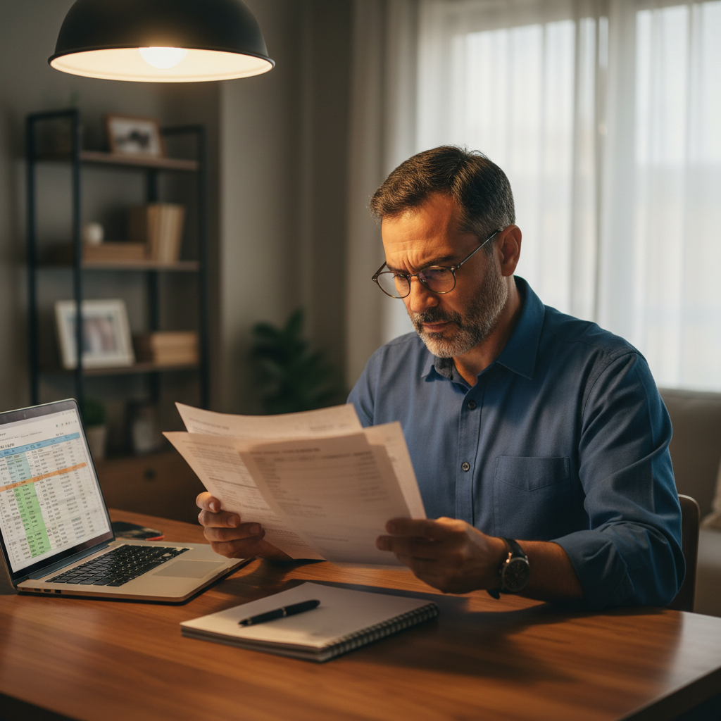 Hispanic man in his mid-forties reviewing a detailed hospital bill at a home desk with a laptop and handwritten notes nearby