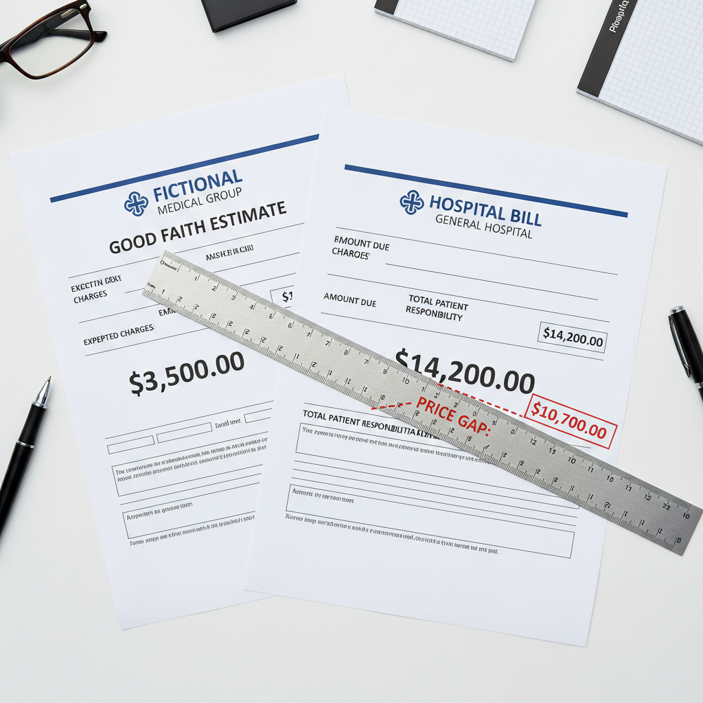 Good Faith Estimate form beside a final hospital bill with ruler marking price gap on a clean desk