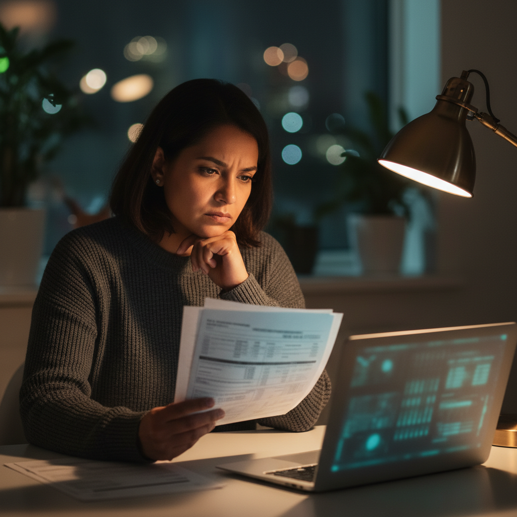 South Asian woman in her mid-30s reviewing hospital billing documents at a home office desk with a laptop open beside her