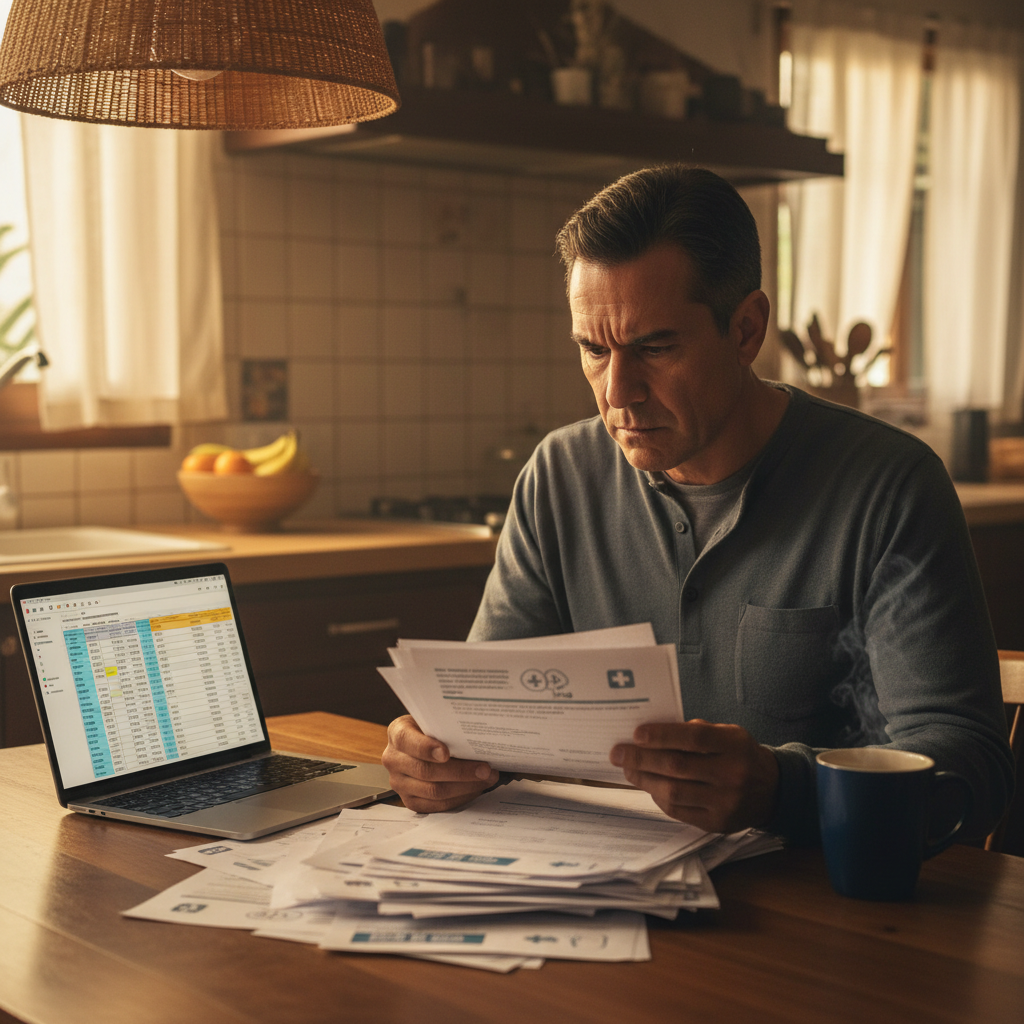 Middle-aged Hispanic man reviewing a thick stack of hospital billing documents at a kitchen table with a laptop open beside him