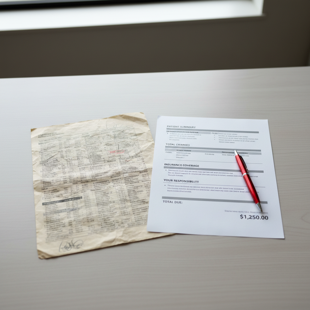 Side-by-side view of original hospital bill and organized billing summary — post-payment review