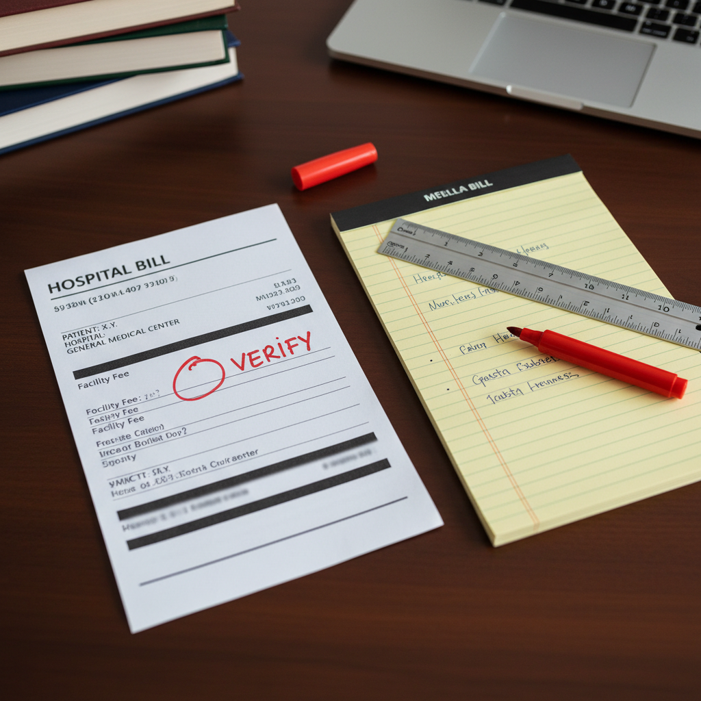 Overhead desk with hospital bill, legal notepad and red marker — phantom charges billing audit