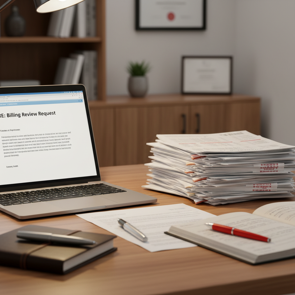 Laptop screen showing a formal billing clarification letter draft with printed hospital documents on desk