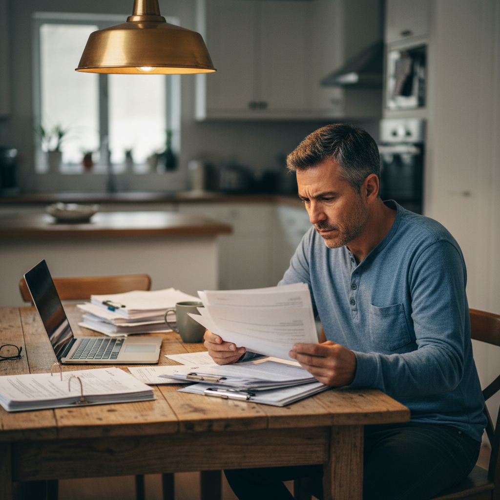 Middle-aged Hispanic man reviewing a stack of hospital billing documents at a kitchen table with a laptop open beside him