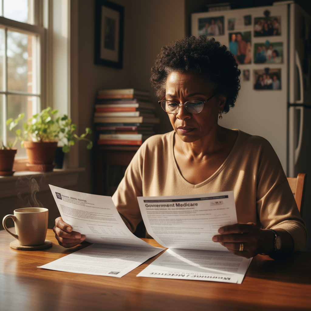 Older African American woman reviewing Medicare hospital billing documents at her kitchen table