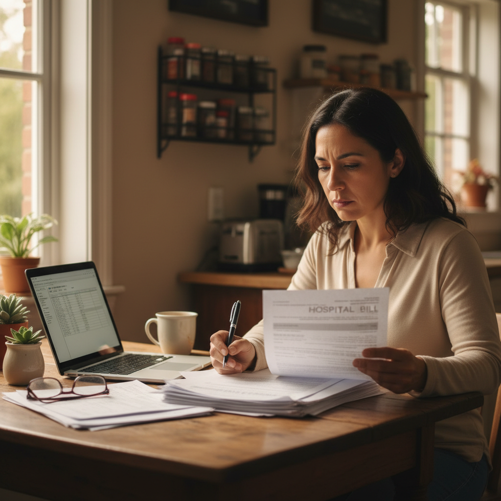 Hispanic American woman in her mid-forties reviewing a hospital bill at her kitchen table, comparing documents with a pen in hand