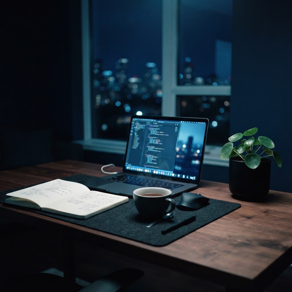 A serene workspace bathed in soft cyan and blue ambient light, representing calm focus