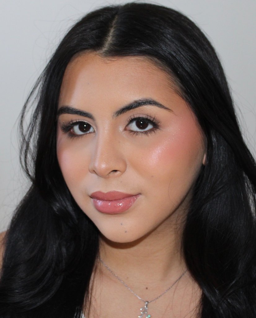 Girl with jet black hair natural makeup close-up