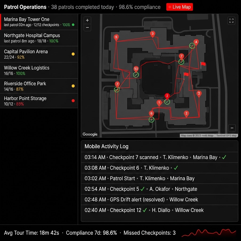 RapidReady Command Patrol Operations for Sentinel Defense Group — site list with per-site patrol stats, GPS route map with checkpoint pins, and mobile activity log