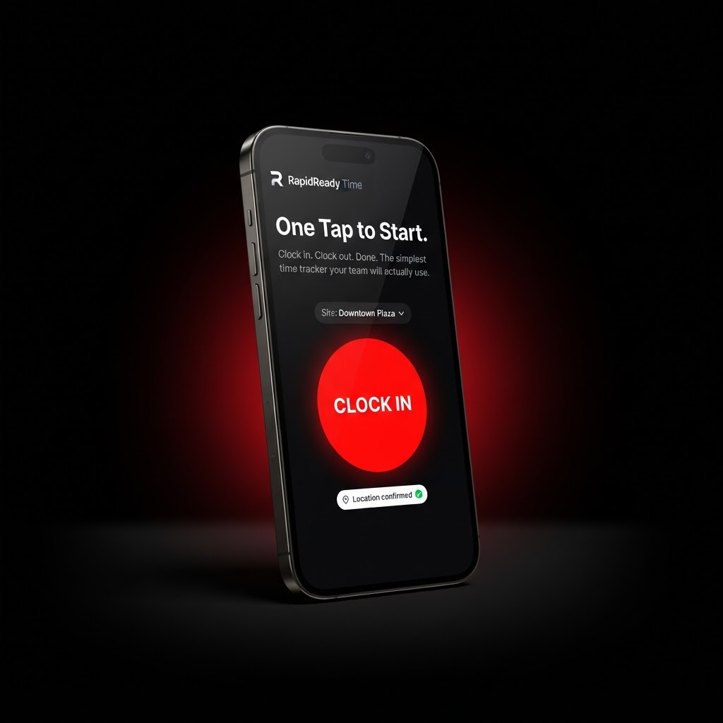 RapidReady clock-in screen — single large red Clock In button with site selector and GPS confirmation