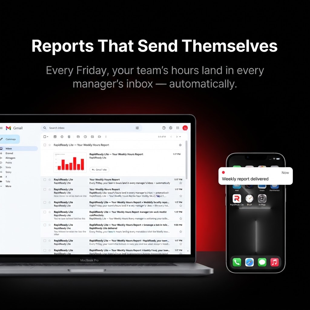 RapidReady weekly report — laptop email inbox with weekly hours report and smartphone push notification