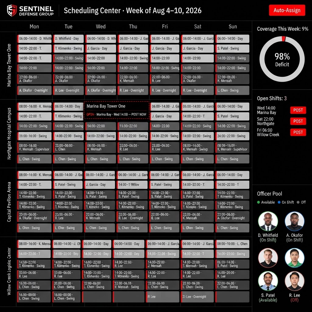RapidReady Command Security Scheduling Center for Sentinel Defense Group — fully populated weekly calendar across four sites with open-shift monitoring and an officer-pool rail
