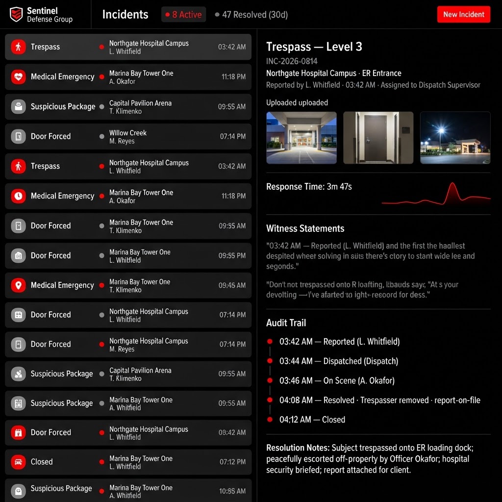 RapidReady Command Incident Management for Sentinel Defense Group — incident list, detail view with photo evidence, witness statements, and resolution timeline