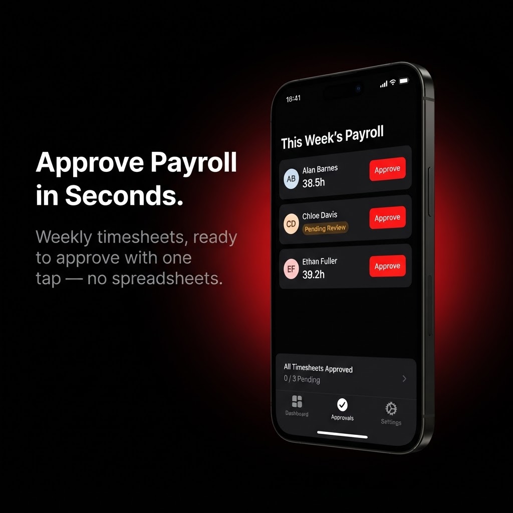 RapidReady manager timesheet approval view — list of employees with weekly hours and red Approve buttons