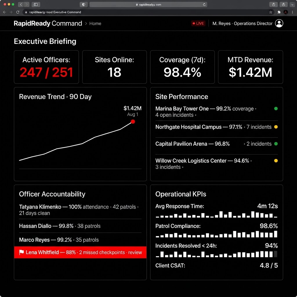 RapidReady Command Executive Command Center — Sentinel Defense Group dashboard with 247 active officers, revenue trend, site performance, accountability, and operational KPIs