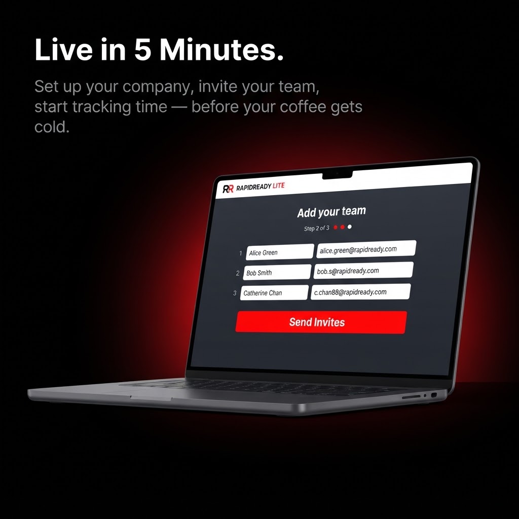 RapidReady onboarding wizard — laptop showing Step 2 Add Your Team with employee rows and red Send Invites button
