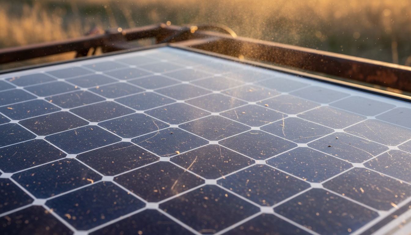 Close-up of Bushbabe EV solar roof panels with dust particles catching sunlight