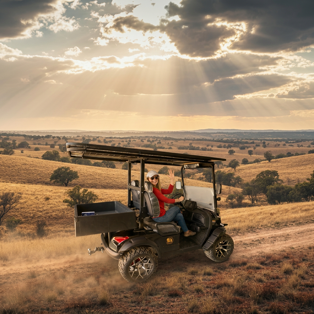 Wide cinematic landscape of Bushbabe EV in vast sun-drenched Australian outback