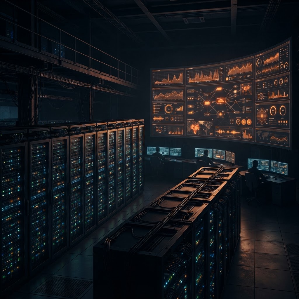 Dark server room with glowing monitoring dashboards and orange status indicators