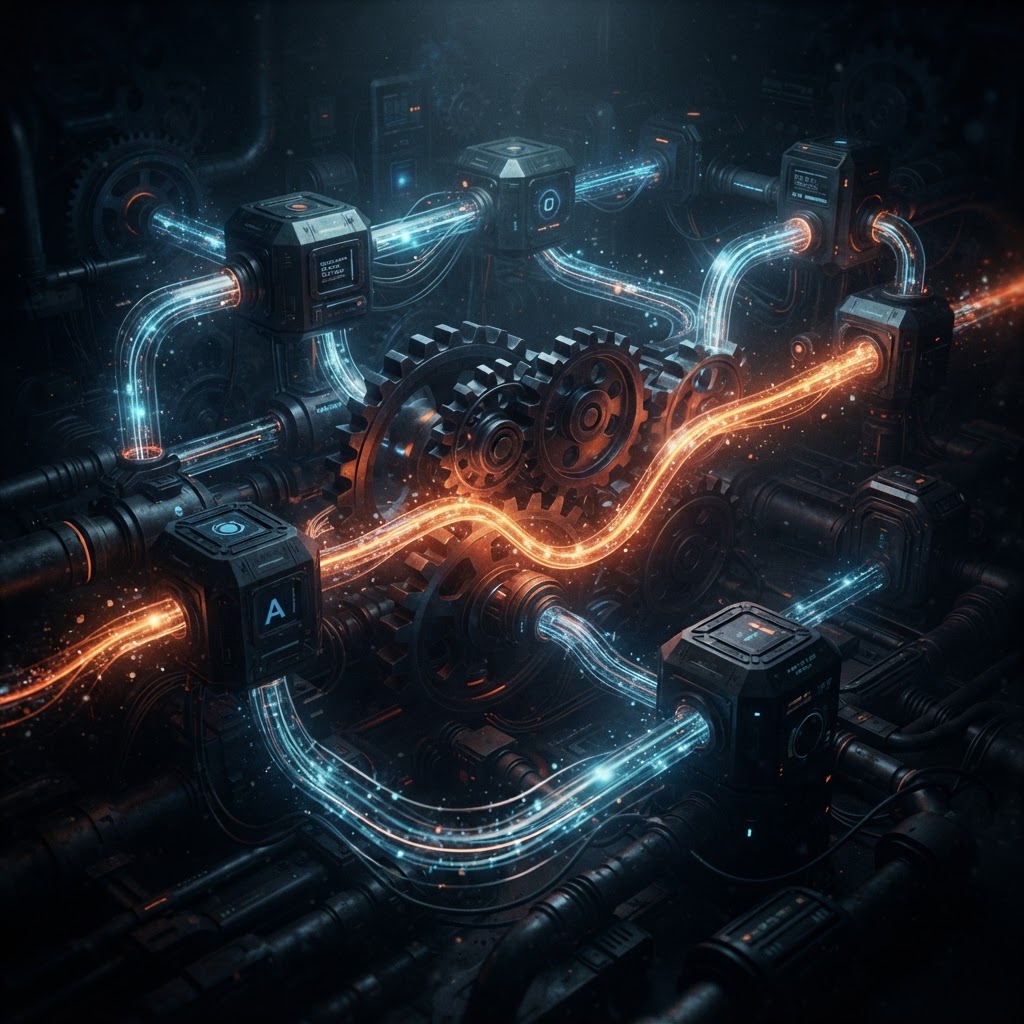 Interlocking glowing gears and flowing data streams representing workflow automation