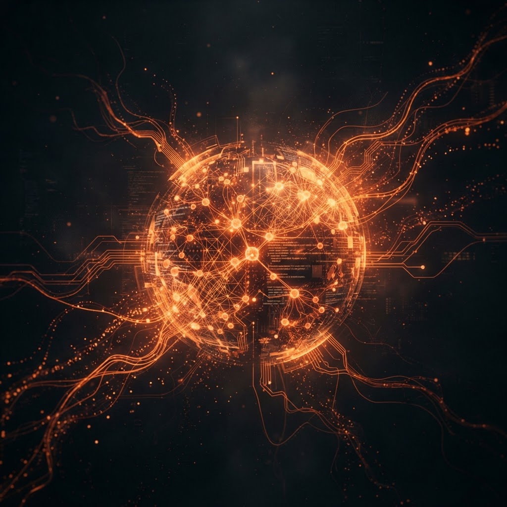 Glowing orange neural network sphere representing an artificial intelligence agent
