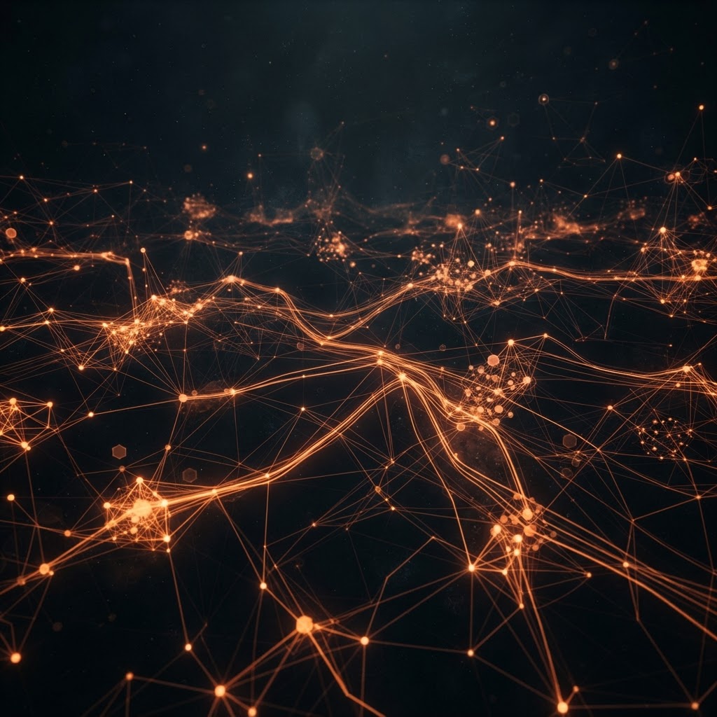 Glowing network of interconnected nodes and fibre optic lines on a dark background