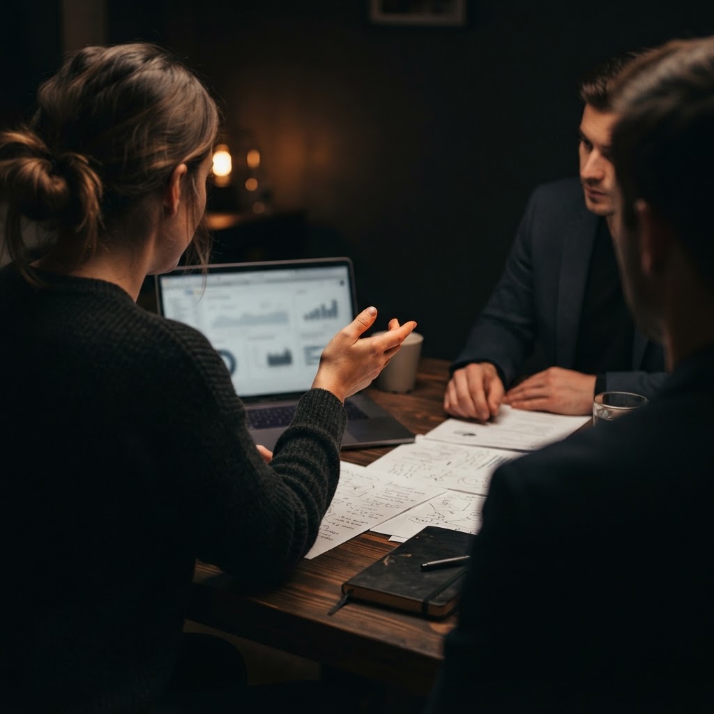 Two people collaborating over a laptop and printed documents at a dark table, viewed close from behind with faces out of focus in low warm light