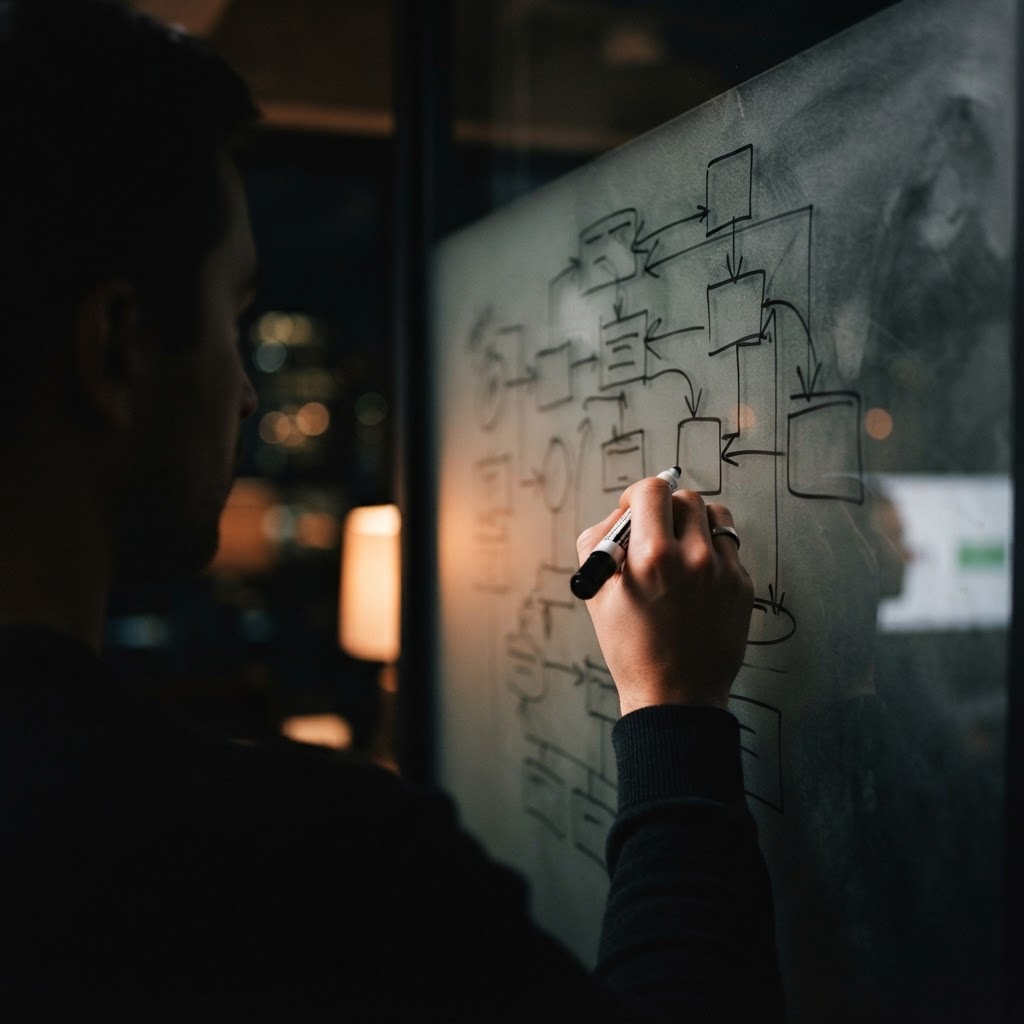 A hand sketching an abstract system diagram on a glass wall with a marker, viewed over the shoulder in low warm light